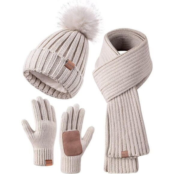 Winter Beanie Hat Scarf Gloves Set for Women Pom Pom Beanie Touchscreen Gloves main image 4